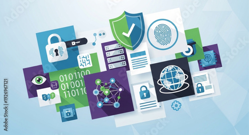 Cybersecurity and data protection concept with digital security icons.