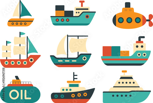 Colorful boats and submarine vector set, cartoon sailboats, cargo ships and oil tanker icons, nautical marine transport illustration collection, flat design maritime theme
