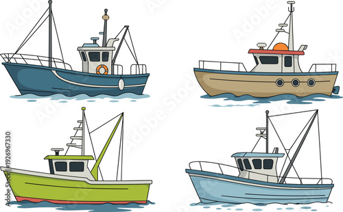 Colorful fishing boats collection, marine vessel illustration set, traditional trawler ships on ocean waves, nautical transportation design, coastal industry theme, isolated background artwork