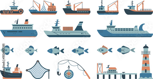 Commercial fishing boats and cargo ships vector set, marine vessels, fish icons, lighthouse and harbor elements, nautical maritime transport illustration collection