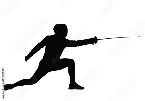 Fencing athlete silhouette. Person with foil in attack position, lunge pose, wearing protective gear. Sport, competition, skill, determination concept.