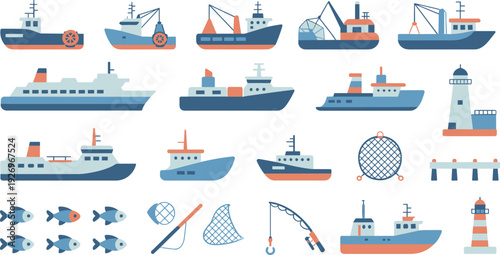 Fishing boats and marine equipment vector set, commercial trawlers, ships, lighthouse, nets and fish icons, nautical transport illustration, coastal maritime industry collection