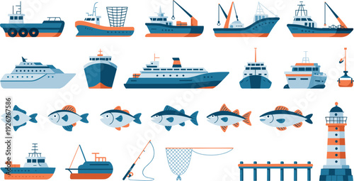 Fishing boats, cargo ships and marine equipment vector set, commercial vessels, fish icons, lighthouse and harbor elements, nautical maritime transport illustration