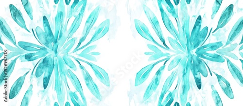 Radiant Teal Watercolor Abstract Floral Symmetry, Hand-Painted Aqua Botanical Pattern on White Background