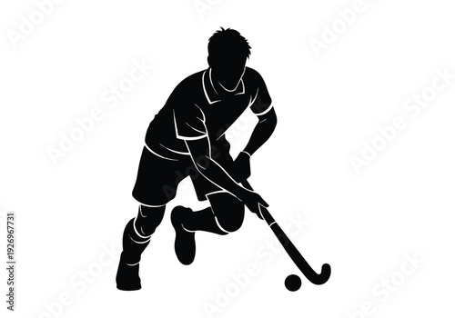 Field hockey player silhouette. Athlete in action with stick and ball. Dynamic sport activity concept.