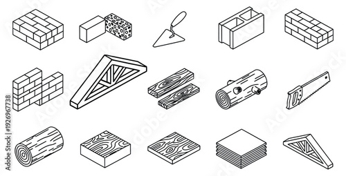 Isometric line art collection featuring various building construction materials and tools including wood logs lumber bricks concrete blocks and a hand saw