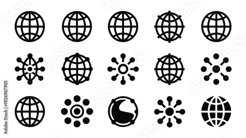 Collection of black and white globe icons and world map symbols for business and technology use