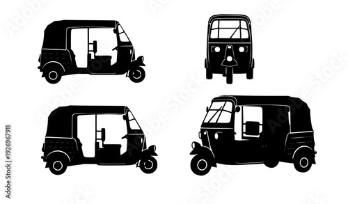 Auto rickshaw silhouette set front side back perspective vector