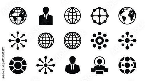Business corporate silhouette logos and icons set with globes people and network symbols for global communication and teamwork