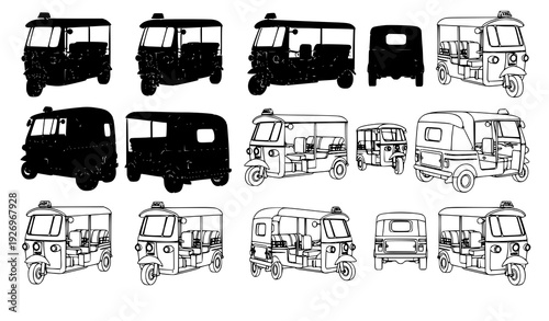 Tuk tuk auto rickshaw vector icon set multiple views