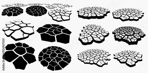 Set of cracked ground texture elements, dry earth surface, drought effect, broken soil, natural disaster, abstract pattern.