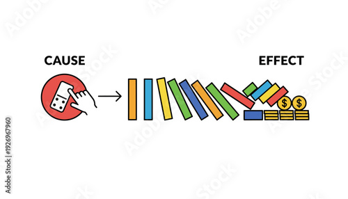 Domino Effect Concept Illustrating Cause and Consequence with Falling Blocks and Coins