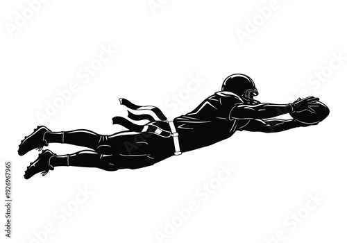 Flag football player silhouette. Dynamic athlete diving to catch the ball. Sports achievement and game action concept.