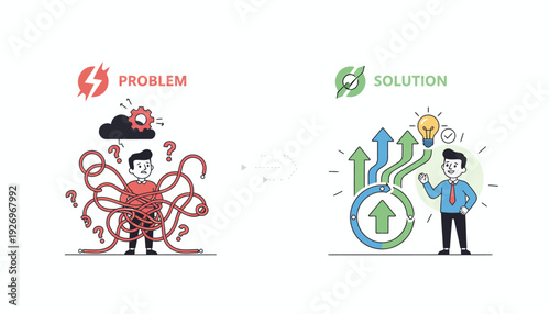 Problem to solution concept flat vector illustration showing a tangled mess transforming into organized success with arrows and a lightbulb idea