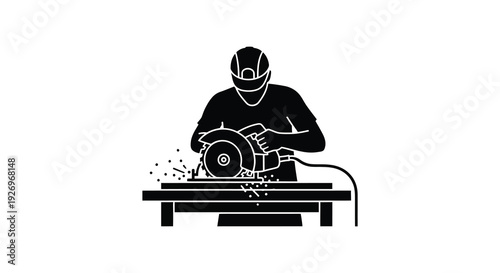 A black silhouette depicts a worker operating a circular saw on a workbench showcasing industrial activity silhouette high quality professional detailed