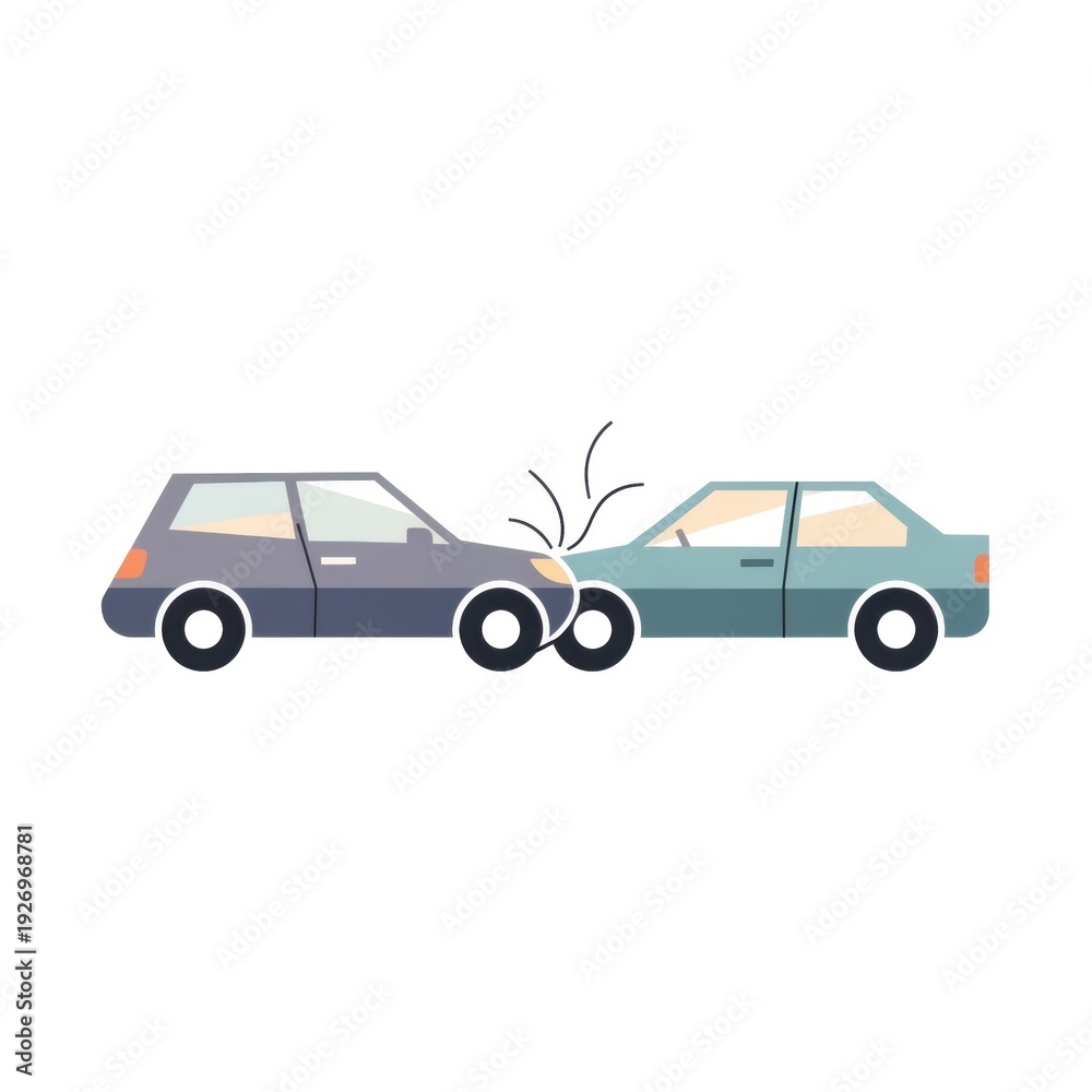 Naklejka premium Two cars colliding head-on, depicting a traffic accident. Concept of auto insurance, road safety, and personal injury claim.