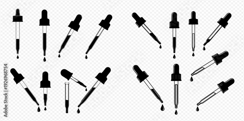 Set of dropper icons with liquid drops, representing various medical and scientific applications.
