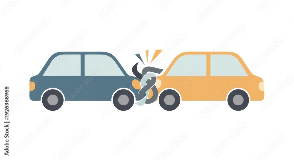 Obraz premium Two cars crashing in an accident. Auto insurance claim concept. Flat cartoon illustration for traffic safety and vehicle damage.
