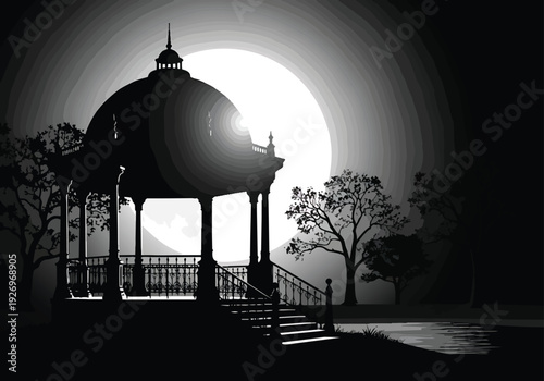 Gazebo silhouette illustration at night. Elegant garden pavilion with trees and moonlit water. Serene and mysterious park scene.