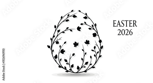 Ornate black and white Easter egg silhouette is decorated with growing vines and small flowers.