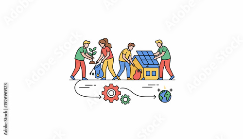 Flat vector illustration depicting a team of people working together on an eco-friendly project, planting trees and recycling, with a solar-powered house and the Earth in the background