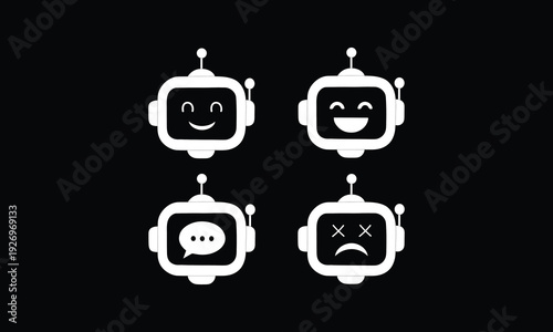 Four white robot face icons in different emotive expressions on black background, flat vector graphics