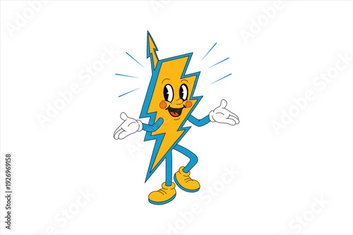 Cartoon lightning bolt character gesturing with hands in a vector flat design