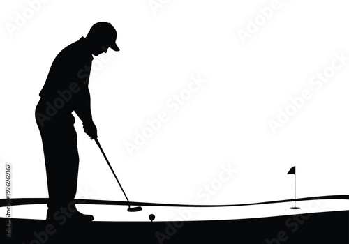 Golf player silhouette putting on a green. Person playing golf with flag and hole. Sport and leisure activity concept.