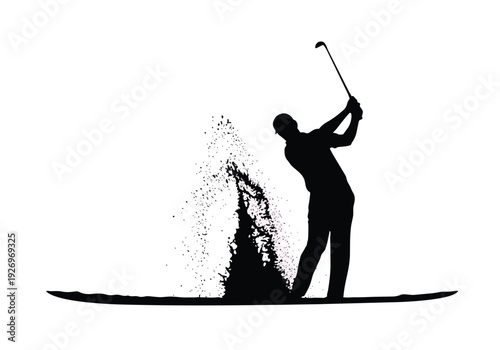Golfer silhouette illustration with dynamic sand explosion. Professional golf swing action. Sport and competition concept.