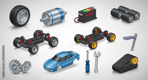 Collection of RC car parts and components for building and customization.