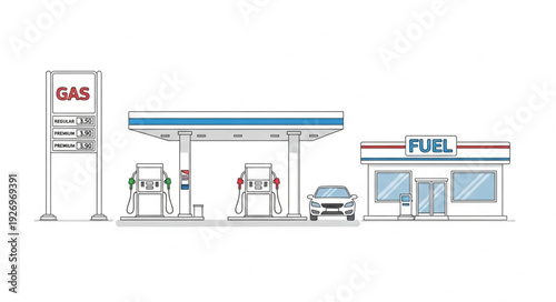 Gas station scene featuring fuel pumps, car, and convenience store building.