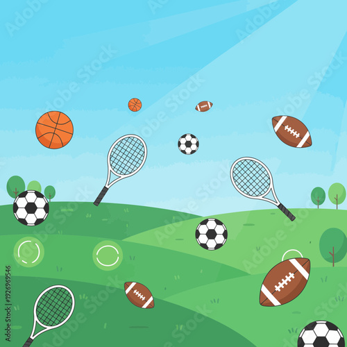 Sports Equipment Floating over a Vibrant Green Outdoor Park