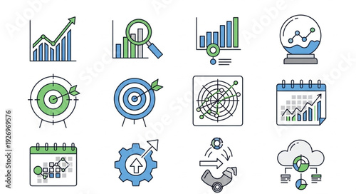 Business and data analysis icons representing growth and success in various fields.