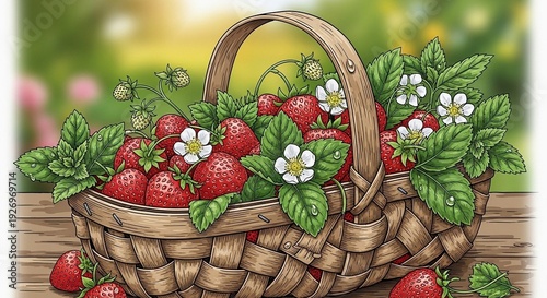 A wicker basket overflowing with fresh strawberries and flowers on a wooden table in a lush garden