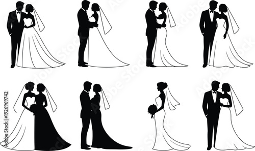 Wedding couple silhouette icons in black and white illustration style
