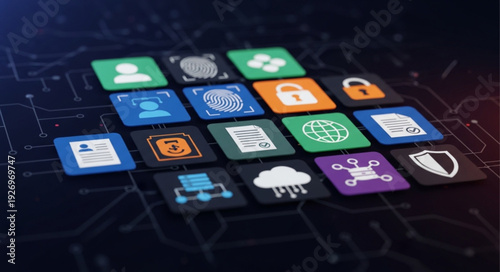 Digital security icons representing various aspects of data protection and online safety.