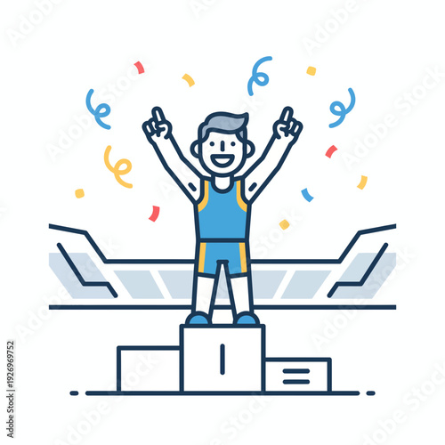 Athlete Wins First Place Award Celebrating on Podium with Confetti