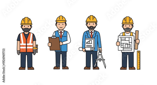 Four construction workers in hard hats and vests are depicted in a colorful flat design silhouette high quality professional detailed modern