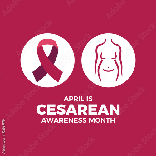 April is Cesarean Awareness Month poster vector illustration. Burgundy awareness ribbon and abstract female body silhouette icon. C-section symbol. Template for background, banner, card. Important day