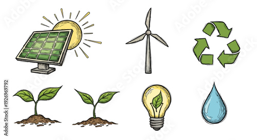 Vibrant collection of hand-drawn sustainable energy and environmental conservation icons, showcasing eco-friendly power generation and earth protection concepts