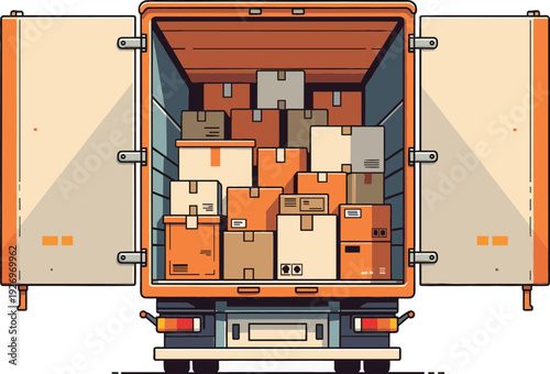 Delivery truck with its rear doors open, fully loaded with various stacked cardboard boxes for shipping, moving, and reliable logistics service.