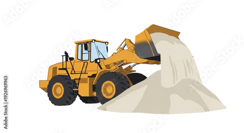 Yellow construction loader dumping sand, heavy equipment, industrial work, building site.