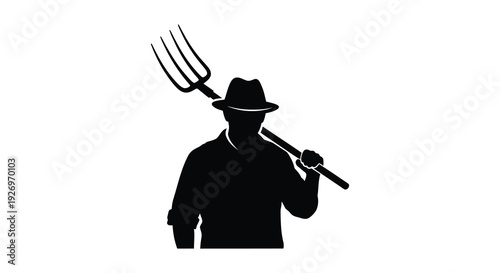 A dark silhouette of a farmer carrying a pitchfork over his shoulder showcasing rural life silhouette high quality professional detailed modern