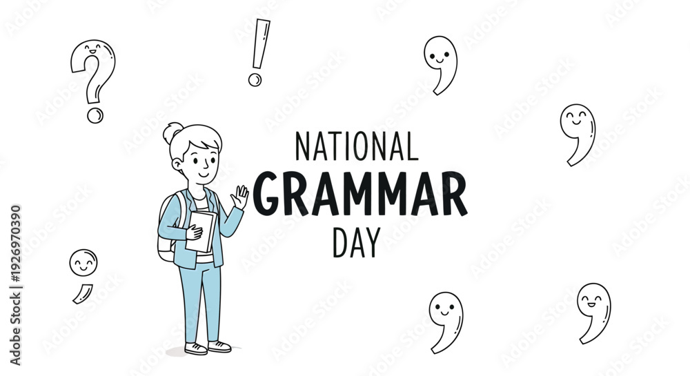 Fototapeta premium Teacher Standing with Punctuation Marks Around.