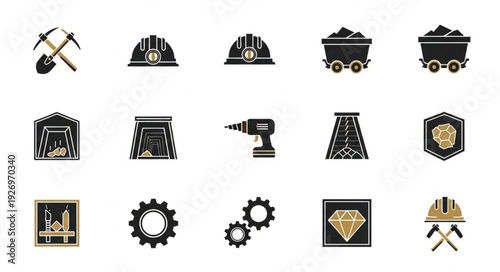 Mining industry tools and equipment icons representing the mining process.
