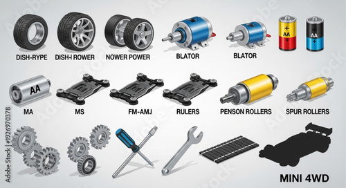 Mini 4WD Racing Car Parts Collection - Wheels, Motors, Batteries, and Tools.
