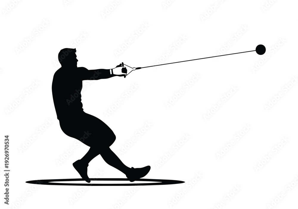 Fototapeta premium Hammer thrower silhouette. Athlete in dynamic action within throwing circle. Strength, sports, and competition concept.