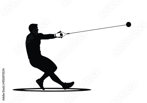 Hammer thrower silhouette. Athlete in dynamic action within throwing circle. Strength, sports, and competition concept.