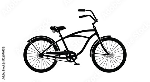 A stark black silhouette of a classic cruiser bicycle with curved handlebars and a single speed drivetrain silhouette high quality professional detailed