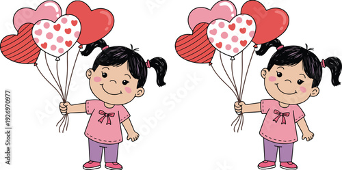 A cartoon illustration of a young girl with black hair in pigtails holding a bouquet of heart-shaped balloons against a white background.